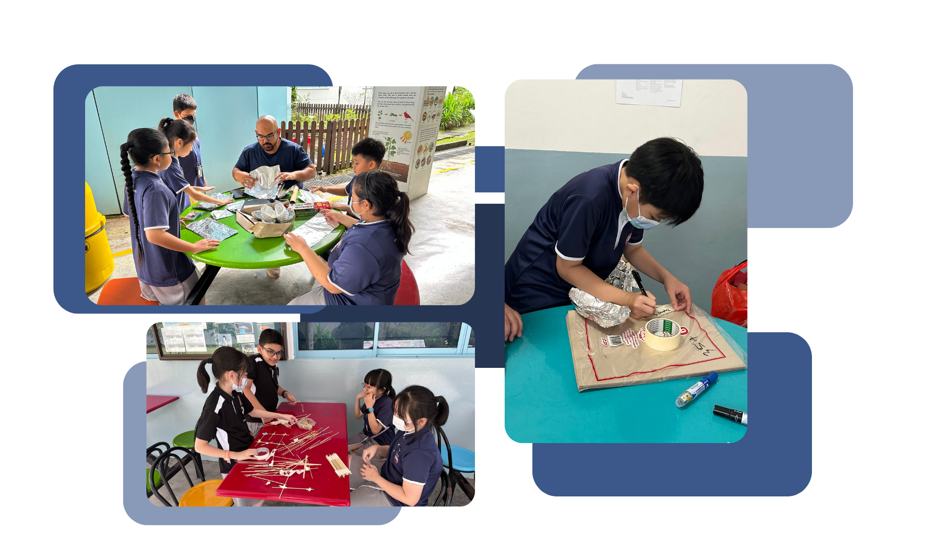 Students in school uniforms engaged in hands-on Whizz Kid activities, with one group working with a teacher outdoors using foil and materials, another student carefully assembling a project with tape and cardboard, and a third group collaborating on a structure using sticks and skewers.